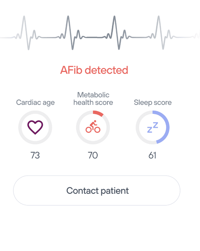 Patient monitoring card showing an AFib alert and health scores