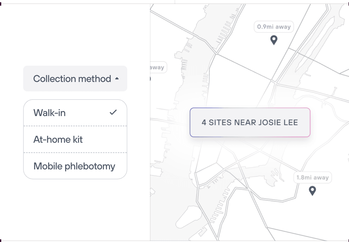 Lab collection method selector and a map of nearby draw sites
