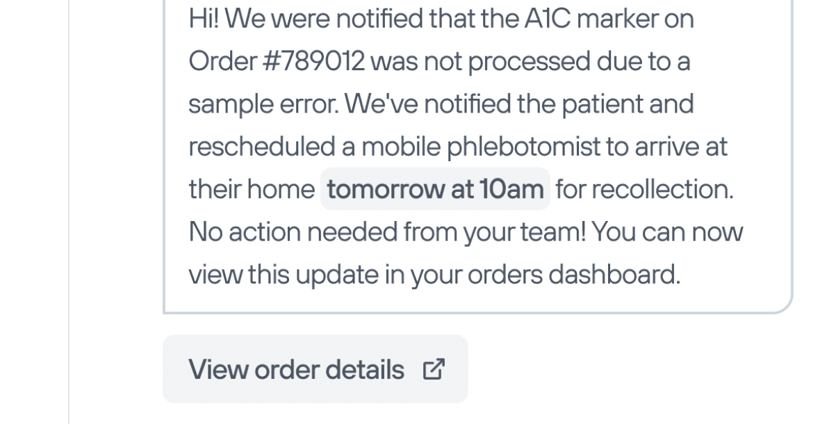 Chat notification about a rescheduled sample collection, with a view order details button